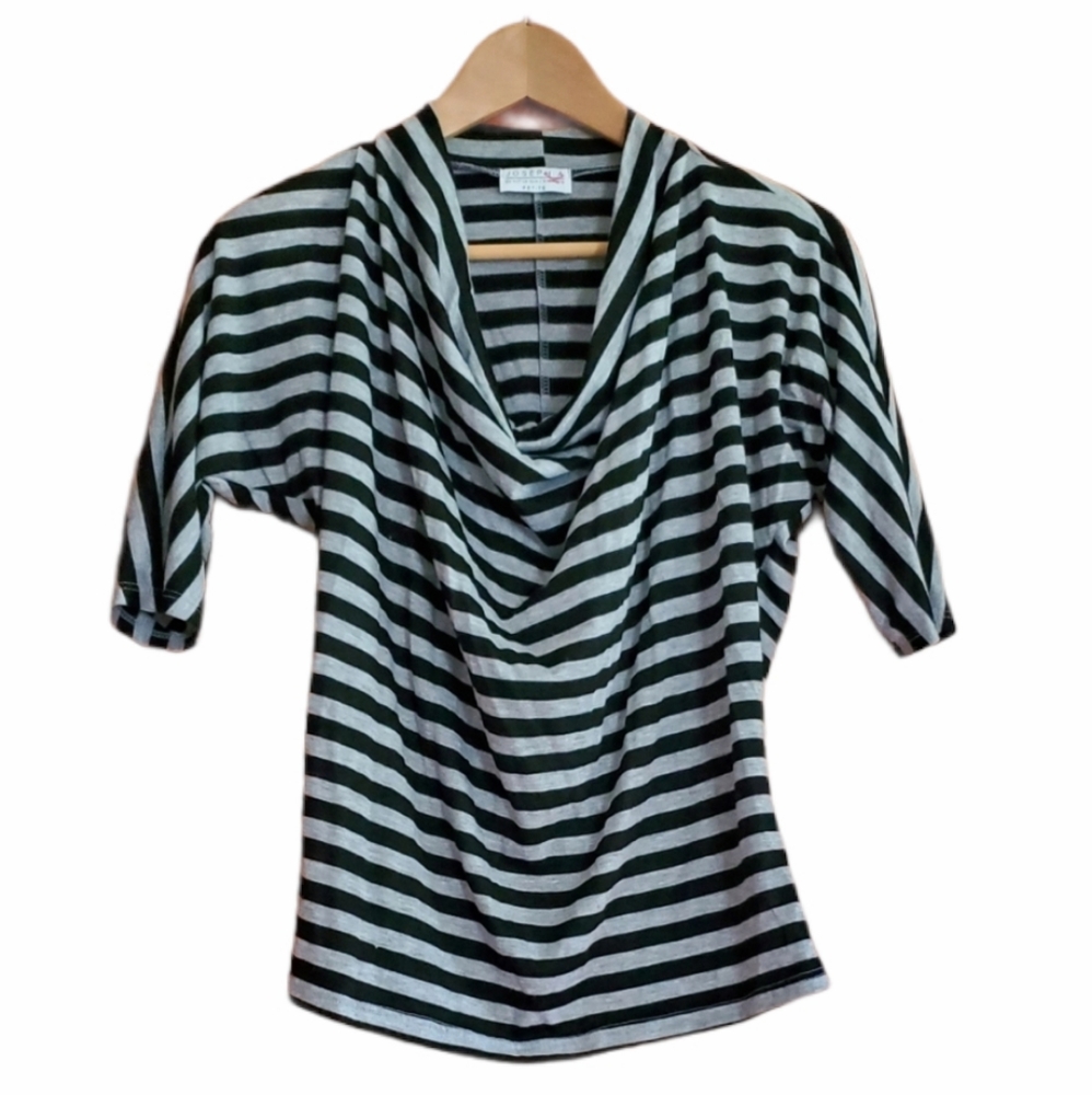 Joseph A Cowl Neck Striped Blouse Top Shirt Gray Black Size Medium Petite